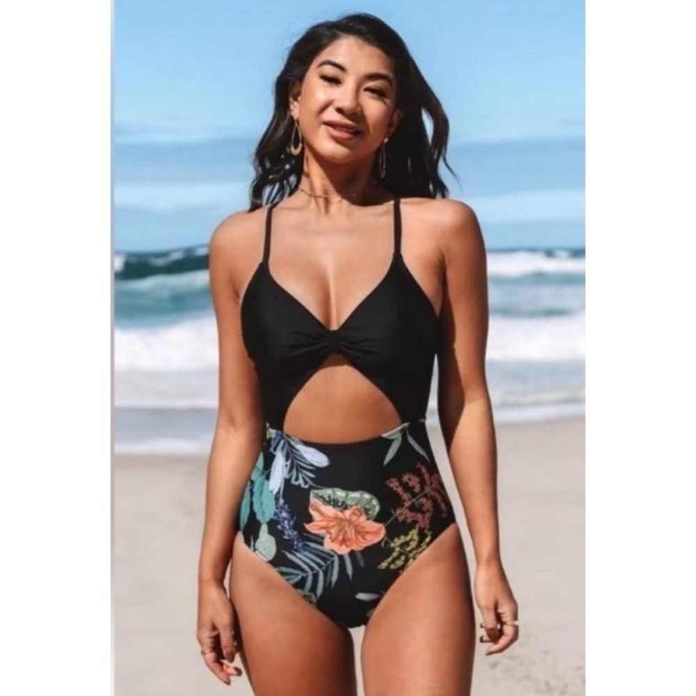 Cupshe Tropical Floral Cutout One Piece Swimsuit Monokini High Waisted S